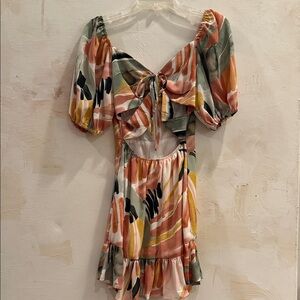 Multicolor Puff Sleeve Cutout Dress